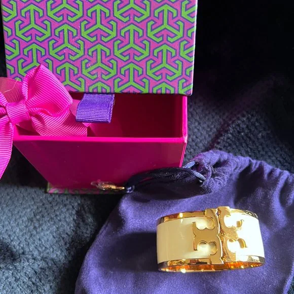 TORY BURCH Metallic Enamel Raised Logo Wide Cuff Bracelet - Original Bag and Box - Picture 5 of 6